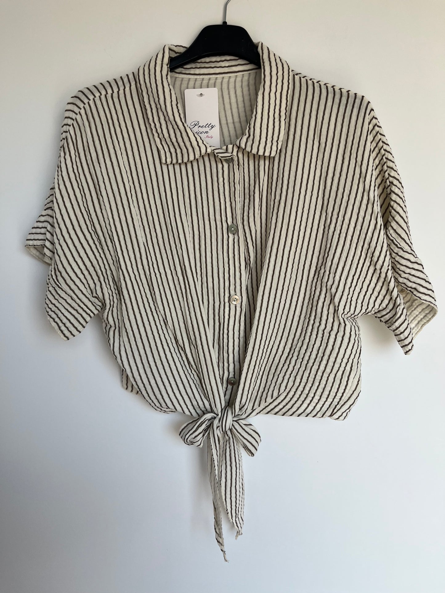 SALE Musselin Kurzarm Bluse Knoten (Streifen - braun)