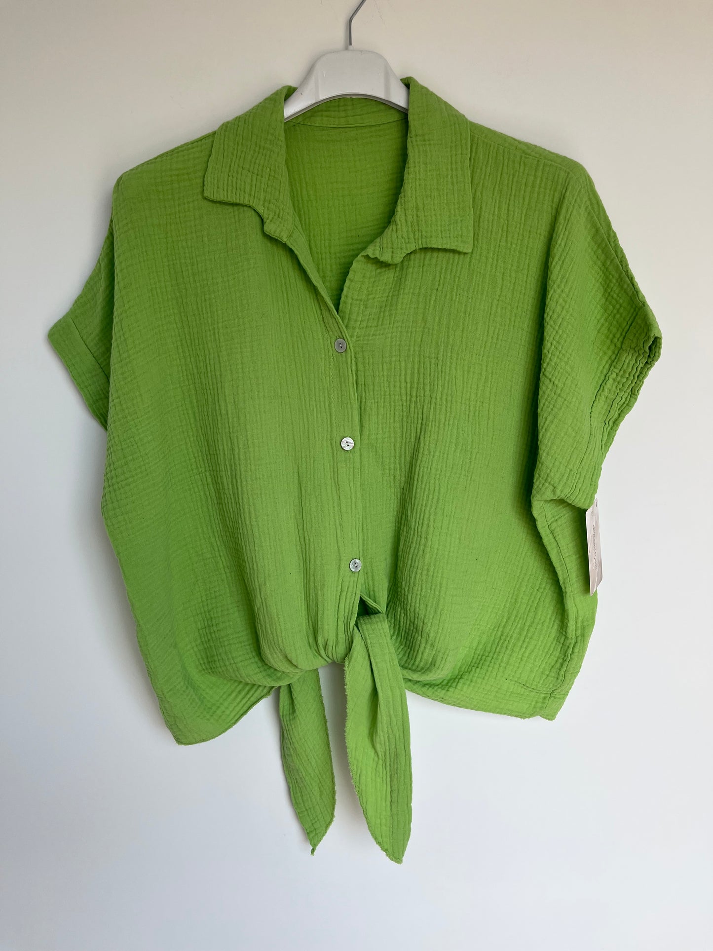 SALE Musselin Kurzarm Bluse Knoten (grün)