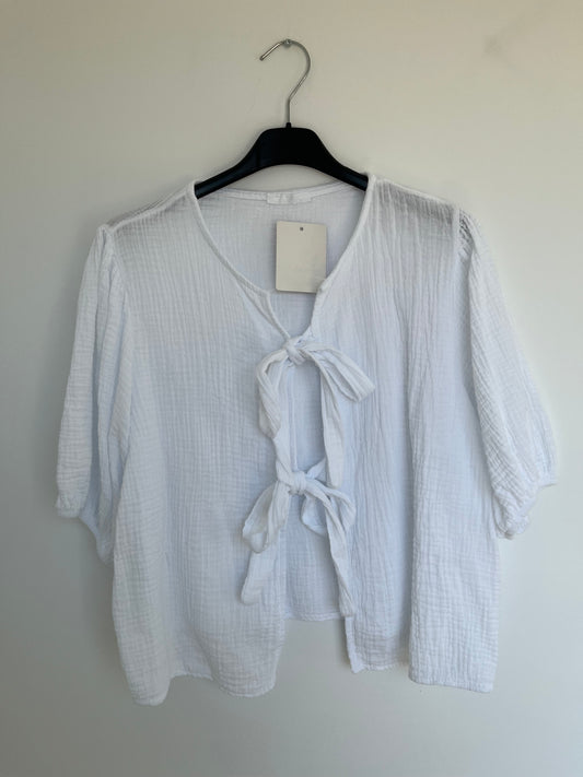 SALE Musselin Kurzarm-Bluse Schleifen "Leni" (weiß)
