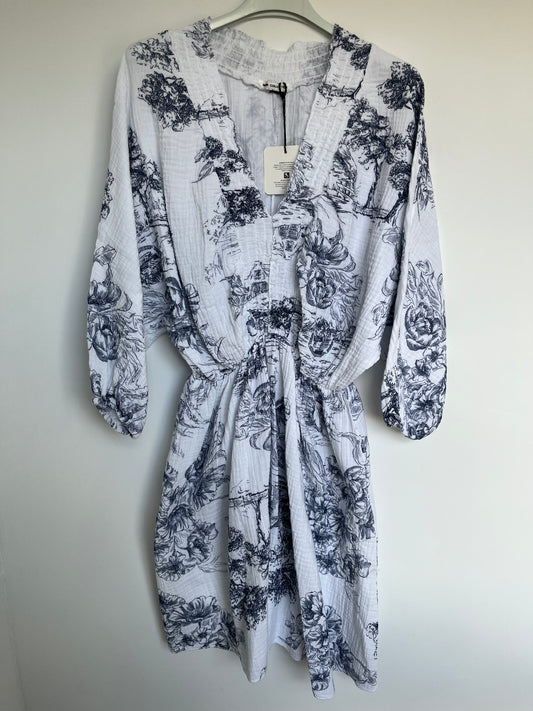 Musselin Kleid "Kira" (weiß-blau)