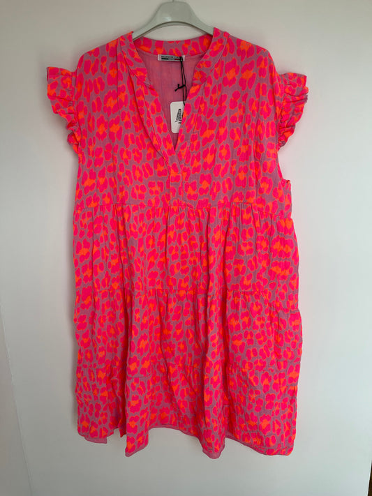 Musselin Kurzarm-Kleid "Evi" Leo (pink-orange)