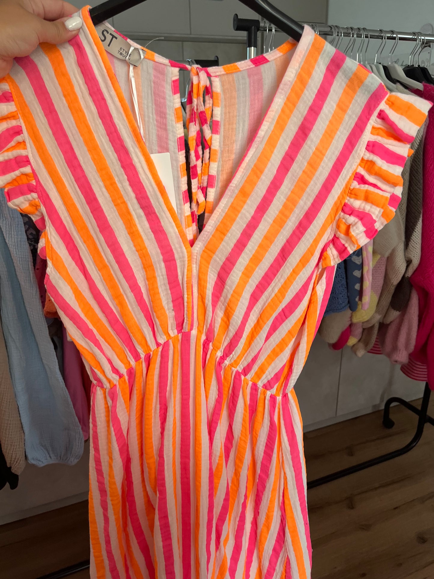 Musselin Kurzarm-Kleid Streifen "Lena" (weiß)
