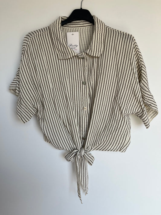 SALE Musselin Kurzarm Bluse Knoten (Streifen - braun)