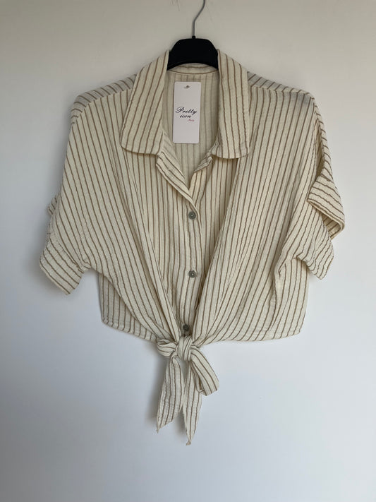 SALE Musselin Kurzarm Bluse Knoten (Streifen - beige)