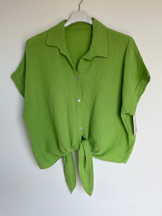 SALE Musselin Kurzarm Bluse Knoten (grün)