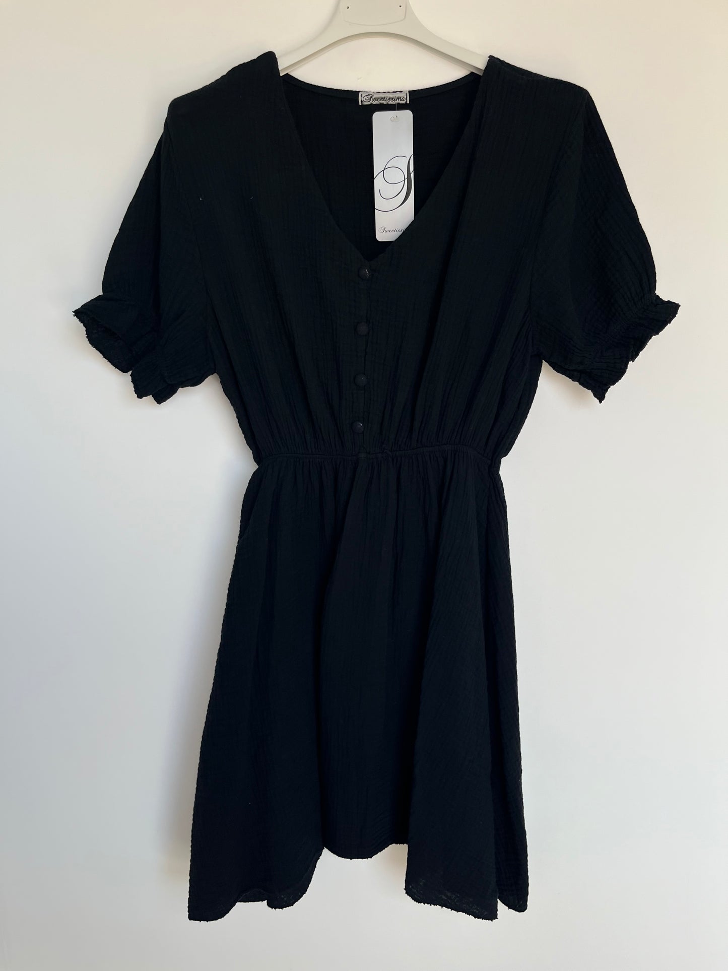 SALE Musselin Kurzarm Kleid "Nina" (schwarz)