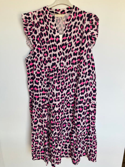 Musselin Kurzarm-Kleid "Evi" -schmal- (Leo - blau-pink)